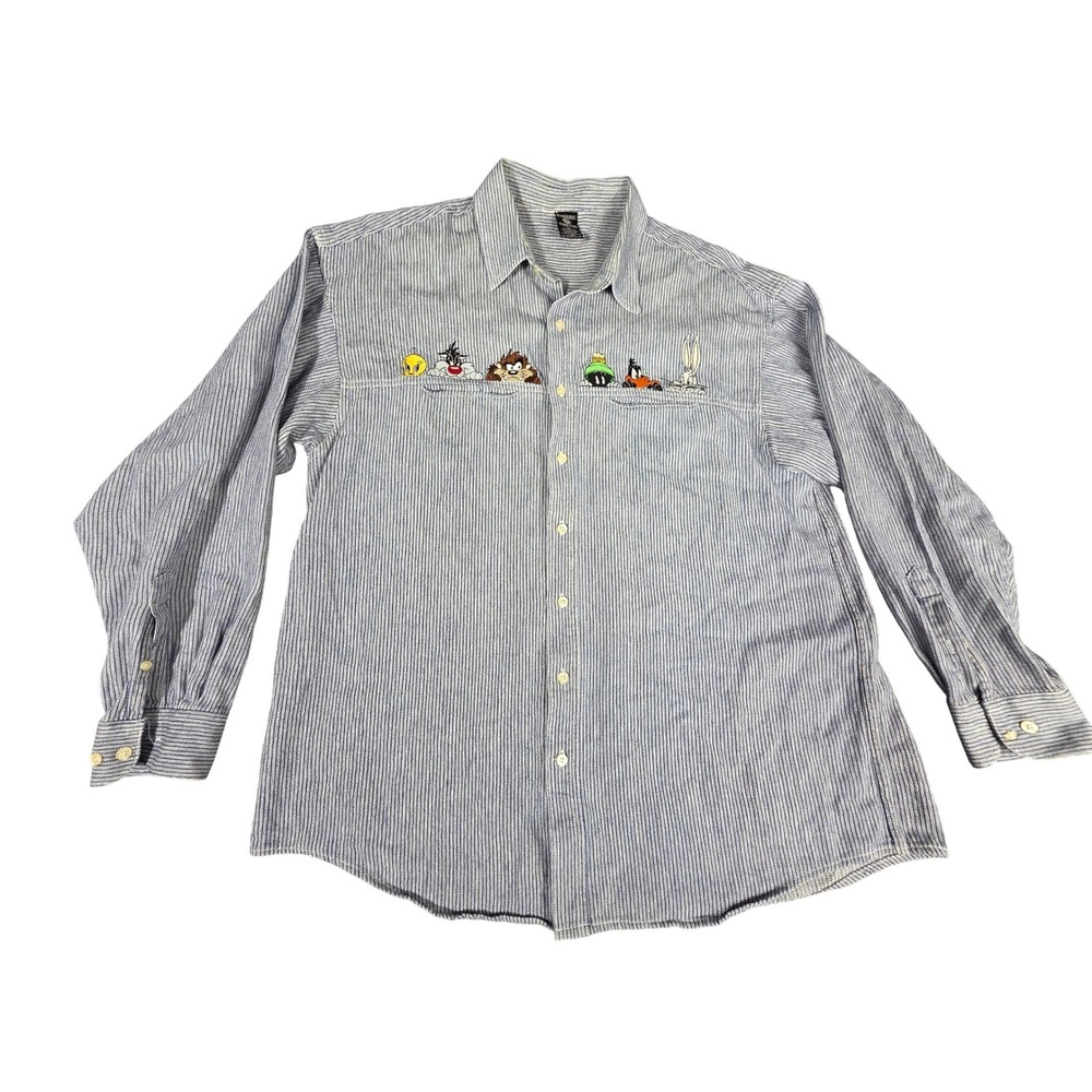 Vintage 90s Warner Bros Studio Store Looney Tunes Pinstripe Shirt Blue XL Cotton